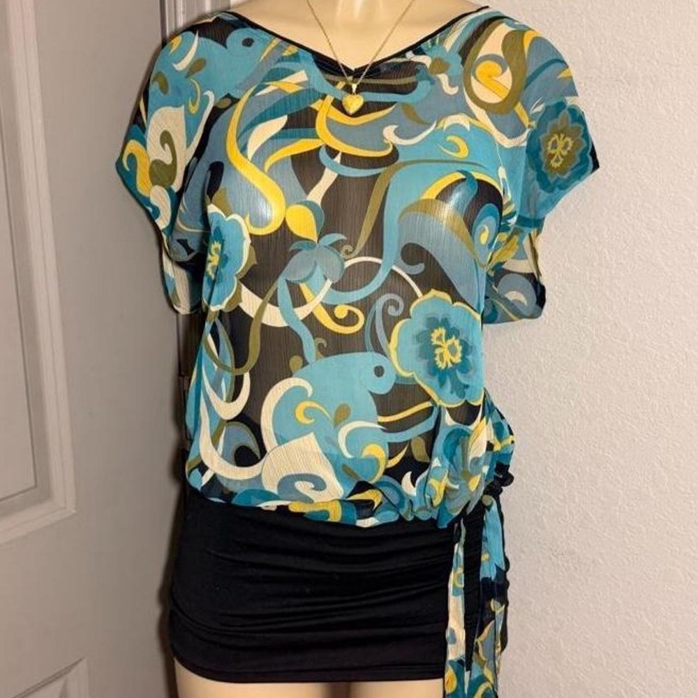 New York & Company sheer blue and yellow abstract swirl and pattern blouse!